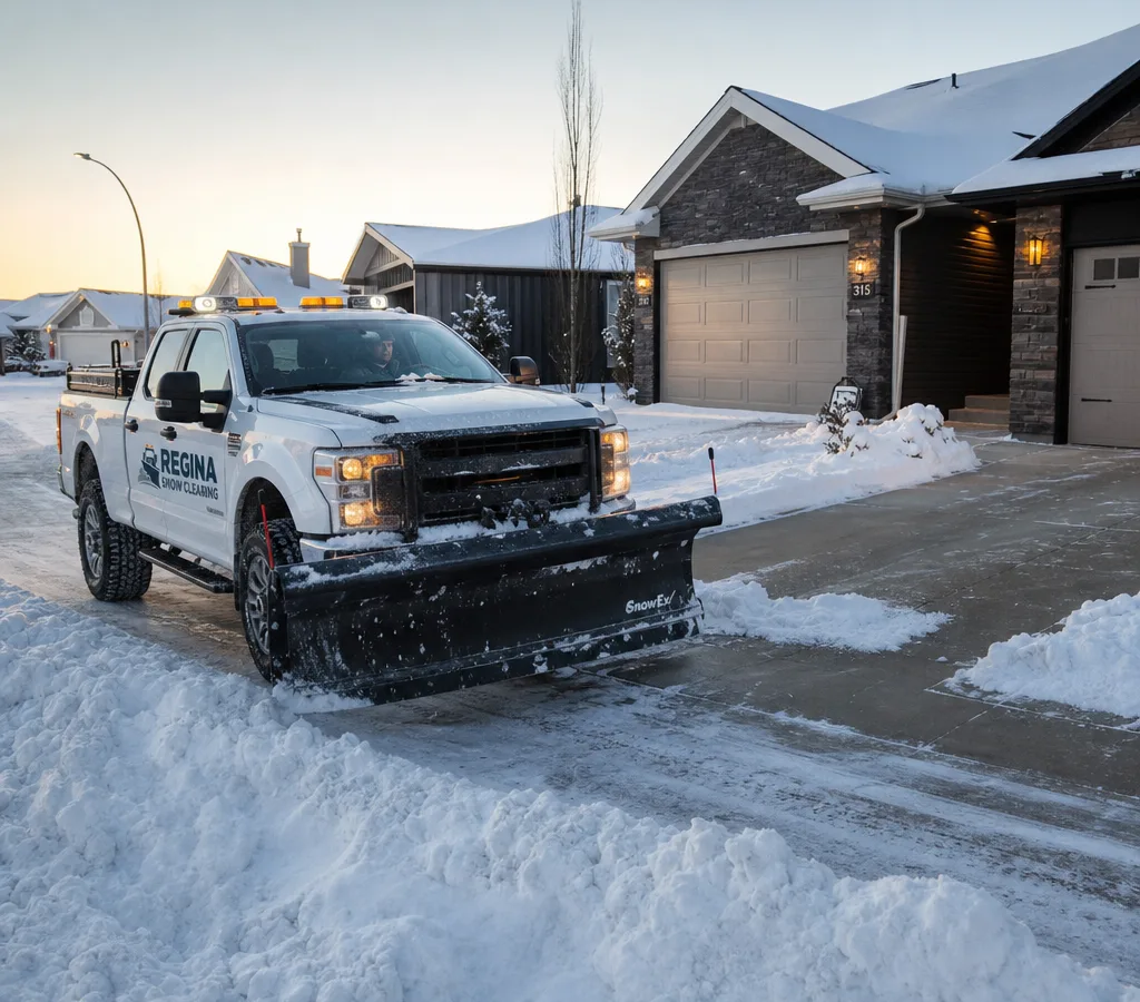 Pickup-mounted plow clearing a Regina residential driveway at dawn with windrows at the curb and a cleared walkway