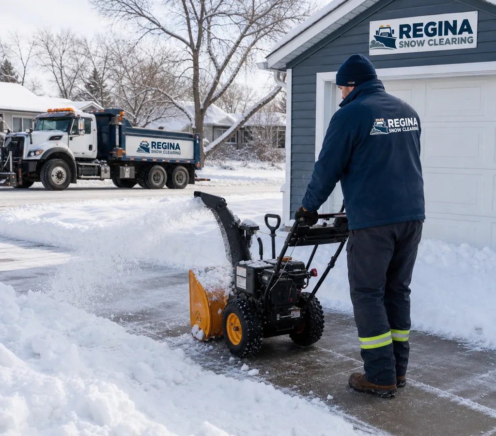 Contractor clearing a residential driveway and sidewalk beside a detached garage after fresh snowfall in Regina, with a plow truck visible at the curb