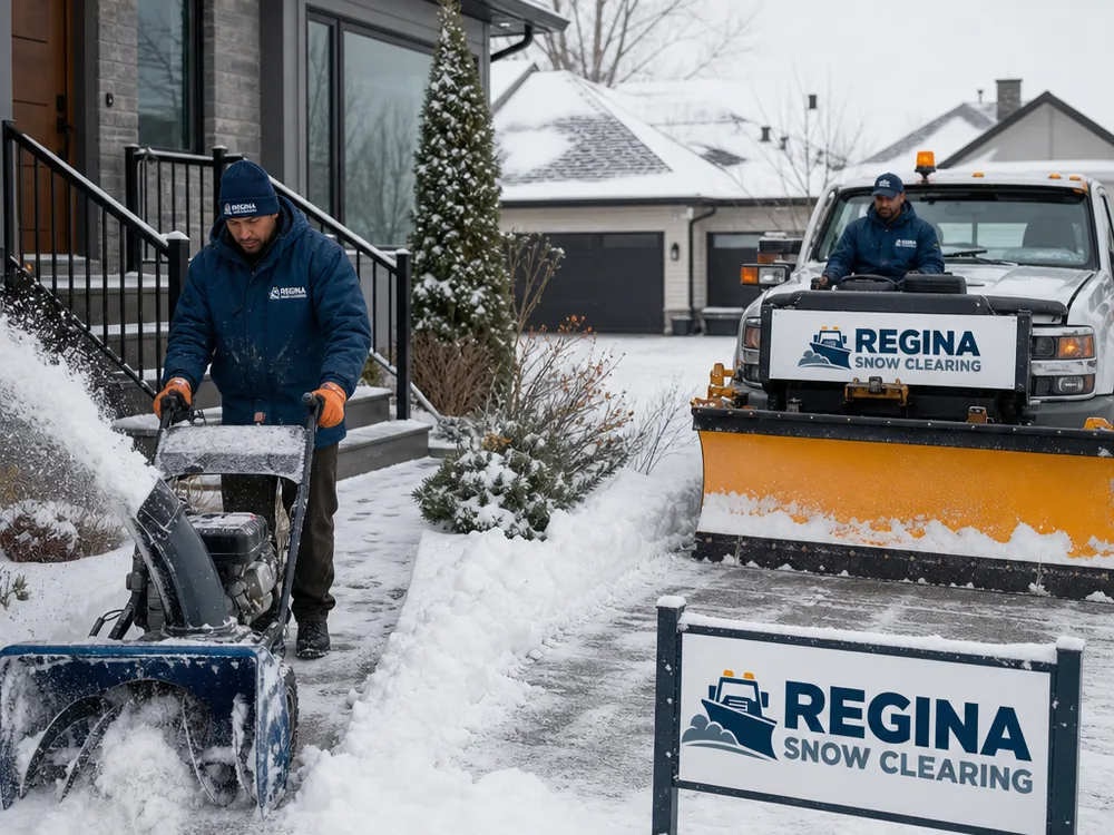 Side-by-side view of a residential front walkway being cleared with a snowblower while a driveway is being cleaned up with a plow, showing careful work near steps and landscaping